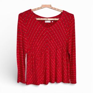 Habitat Blouse Shirt Top Women Sz L Wearable Art Artsy Stretchy Red Abstract EUC